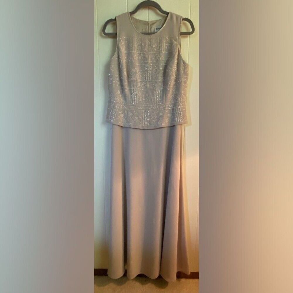 Karen Miller Dress Women’s 10 Beige Gown Sequins Scarf Formal Wedding MOB